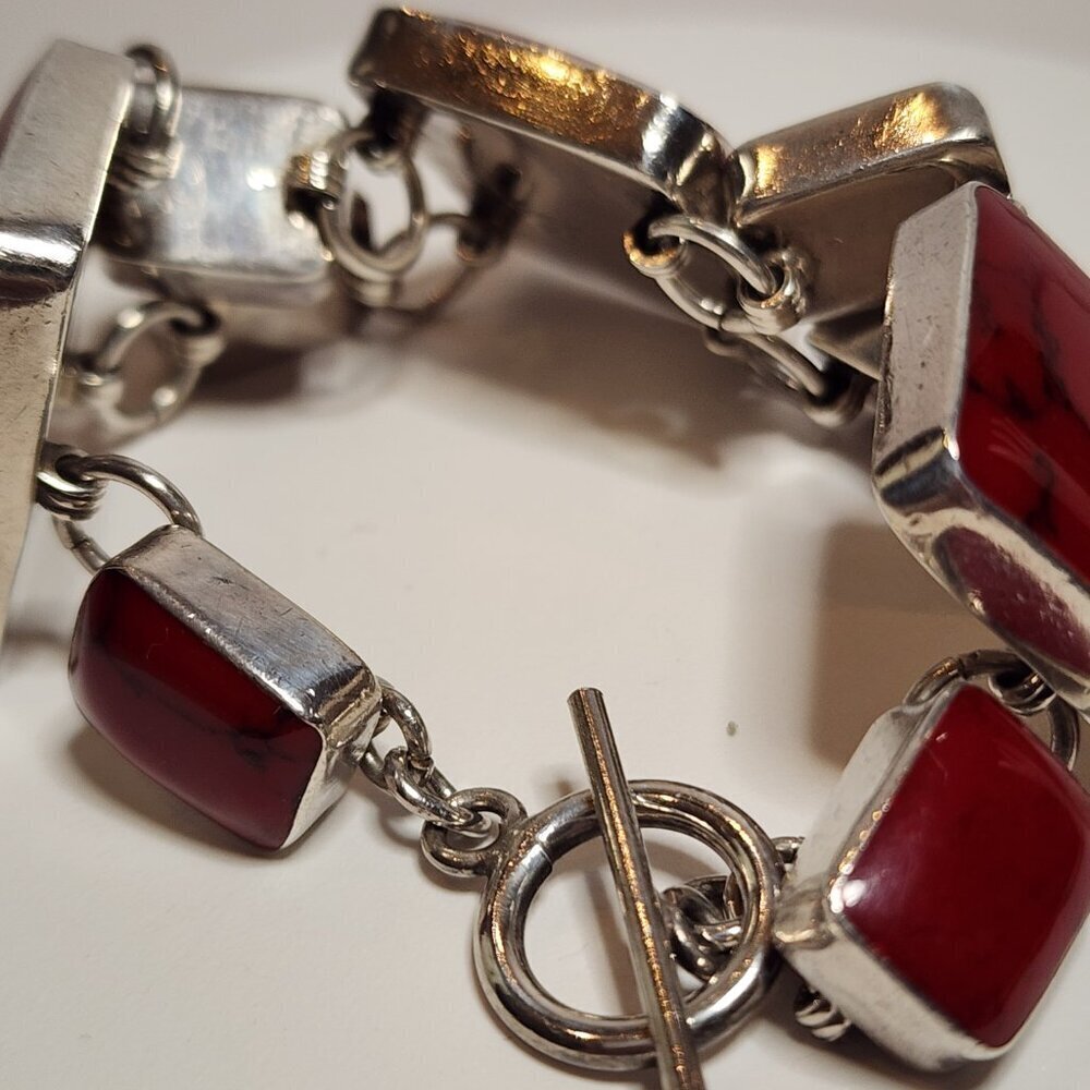 Vintage Heavy Red Jasper 925 Silver Bracelet - Picture 11 of 11